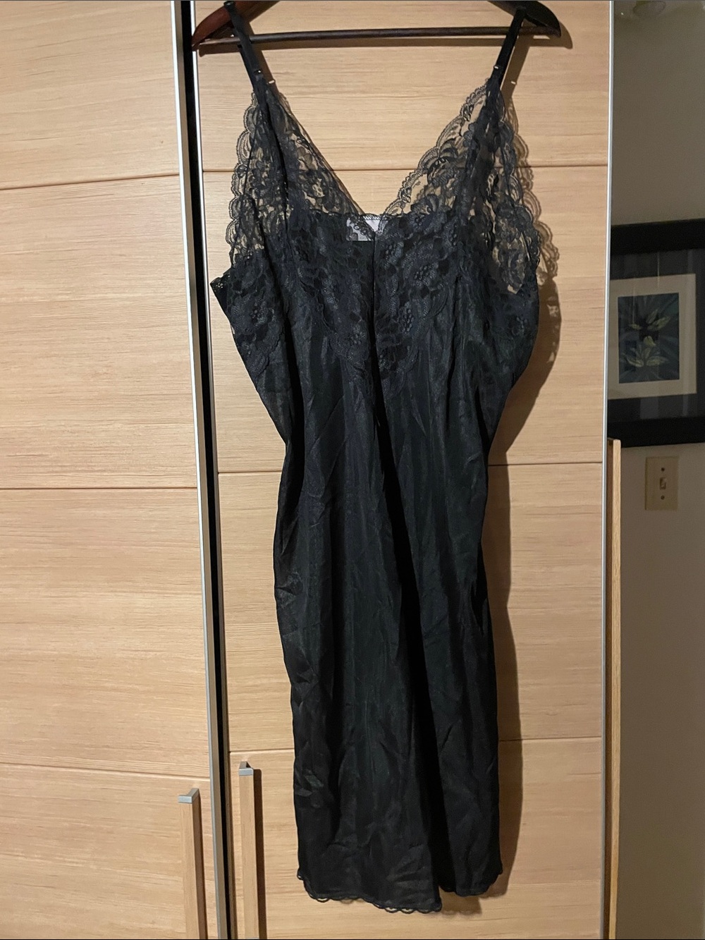 Vintage La Loire Black Satin Lace Midi Slip Dress - Size M